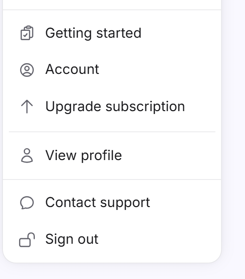 De items van het accountmenu Eerste stappen, Account, Abonnement upgraden, Profiel bekijken, Contacteer Support en Uitloggen