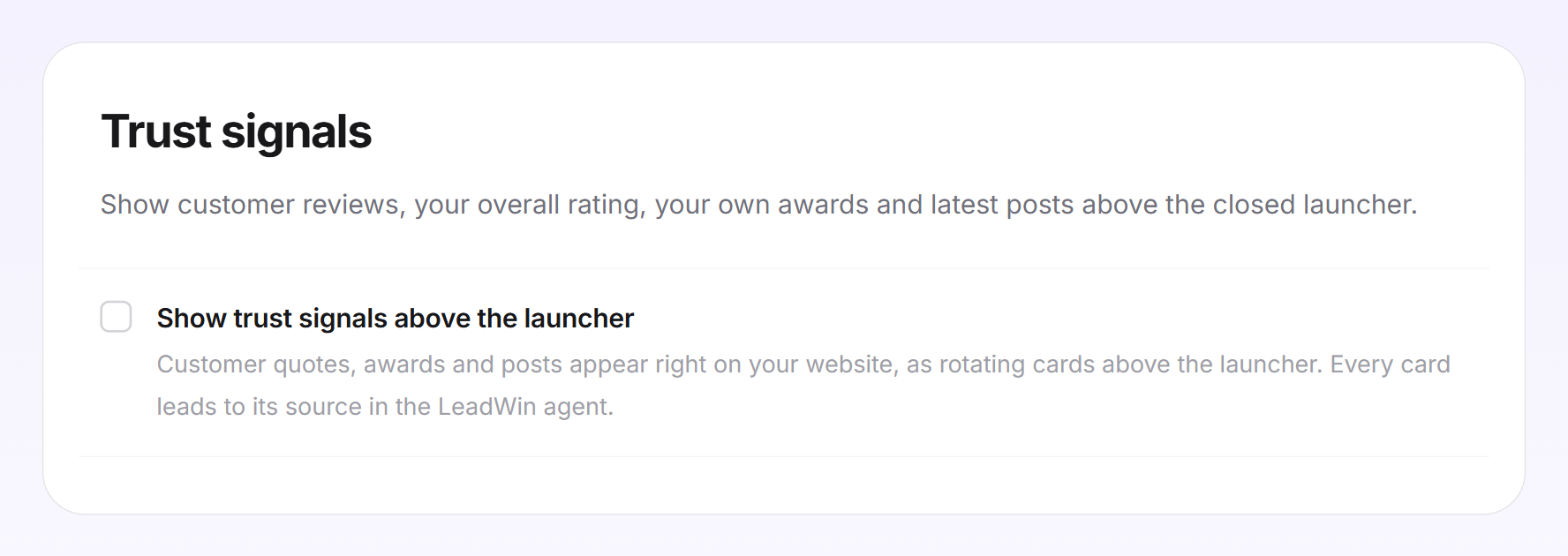 The Trust signals card with its introduction and the Show trust signals above the launcher box not yet ticked