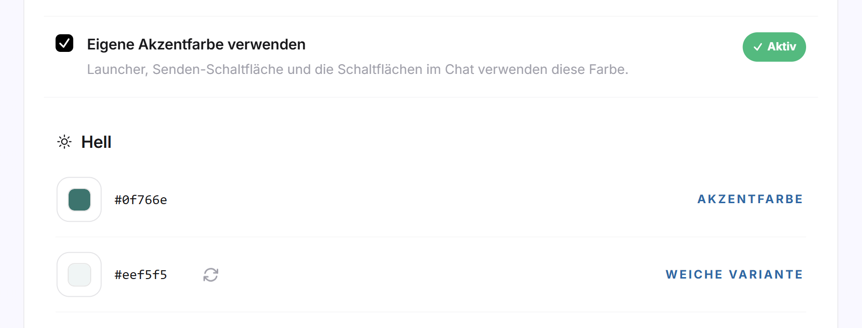 Der Haken Eigene Akzentfarbe verwenden ist gesetzt, darunter die Gruppe Hell mit Akzentfarbe und Weicher Variante