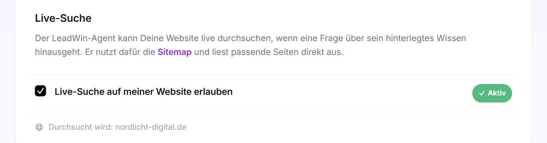 Der Reiter Live-Suche mit gesetztem Haken bei Live-Suche auf meiner Website erlauben und der durchsuchten Domain