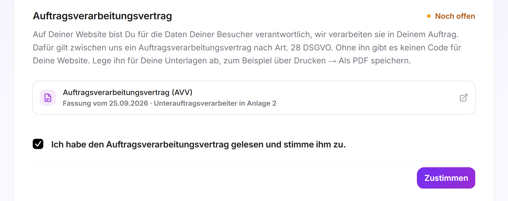 Die Karte Auftragsverarbeitungsvertrag mit der Karte des Vertrags in der Fassung vom 25.09.2026, dem gesetzten Haken und der Schaltfläche Zustimmen