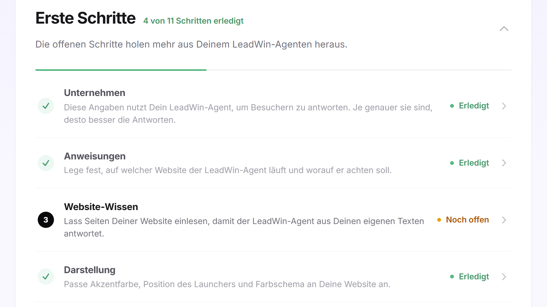 Die Checkliste mit 4 von 11 erledigten Schritten, grünem Fortschritt und einer Zeile mit dem Stand Noch offen