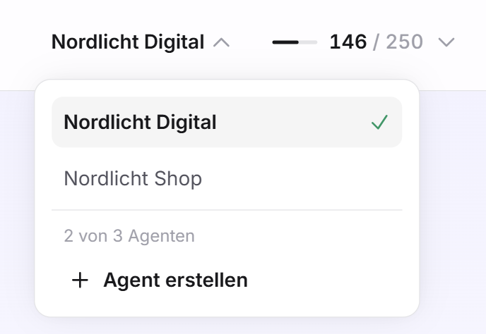Das geöffnete Menü Agent wechseln mit zwei Agenten, dem Zähler 2 von 3 Agenten und der Schaltfläche Agent erstellen