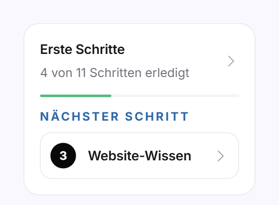 Die Karte Erste Schritte unten links mit Fortschritt und der Zeile Nächster Schritt