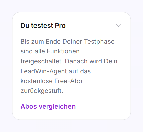 Die aufgeklappte Karte Du testest Pro mit Erklärung und der Schaltfläche Abos vergleichen