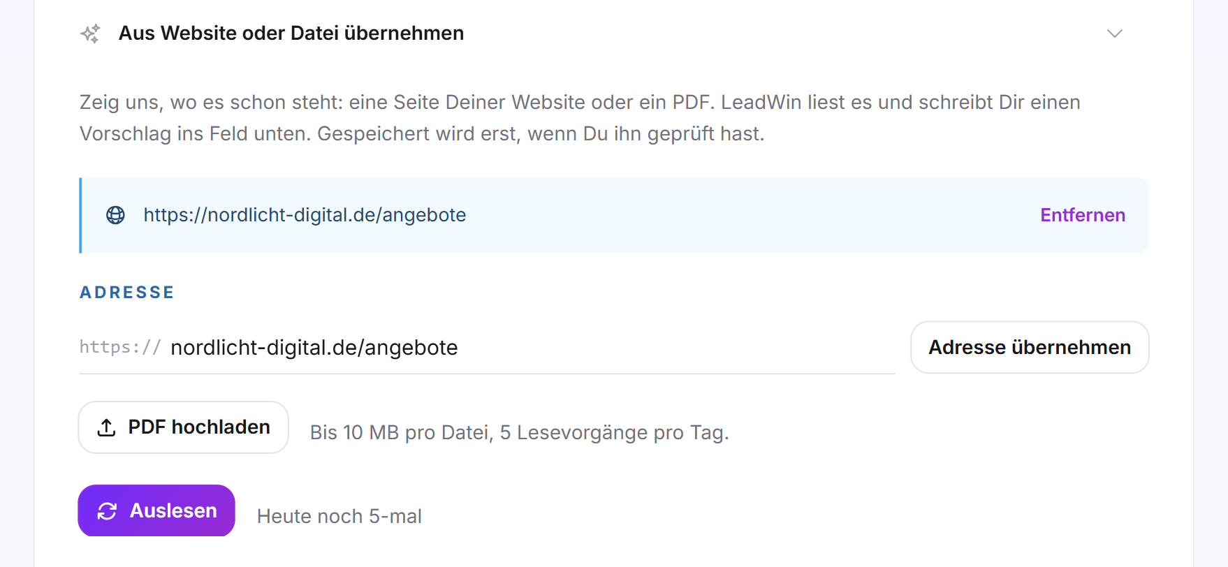 Der Bereich mit einer gespeicherten Adresse, dem Textlink Entfernen, der Schaltfläche Auslesen und der Anzeige der verbleibenden Lesevorgänge