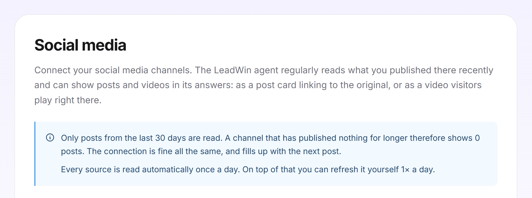 The Social media notice: only posts from the last 30 days are read, together with the reading rhythm of the plan