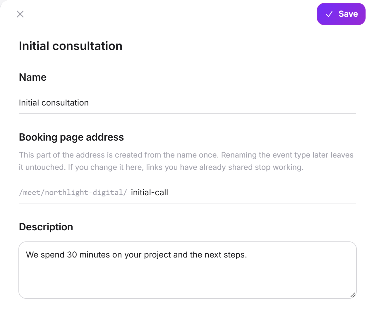 The panel of an event type with name, booking page address and description