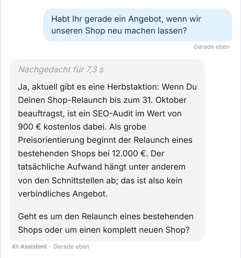 Ein Besucher fragt nach einem aktuellen Angebot für einen neuen Shop. Der LeadWin-Agent nennt die Herbstaktion bis zum 31. Oktober mit einem kostenlosen SEO-Audit und fragt, ob es um einen Relaunch oder einen neuen Shop geht