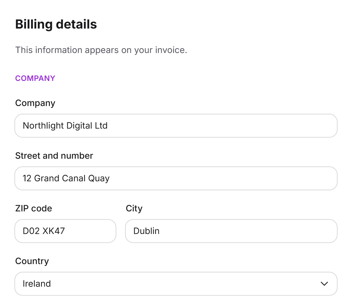 The Billing details step with the Company section, filled in with company name, address and country