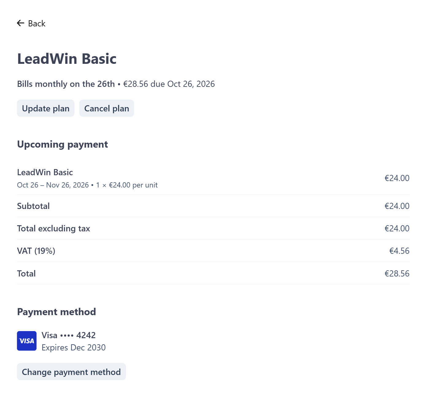 La page de l'abonnement dans le portail client avec la modification, la résiliation, le prochain paiement et le moyen de paiement