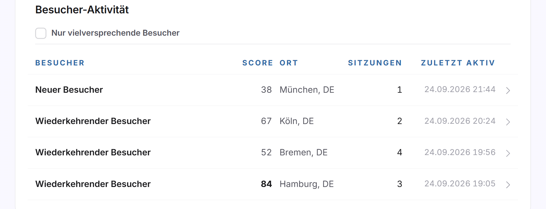 Die Liste Besucher-Aktivität mit dem Haken Nur vielversprechende Besucher und vier Besuchern mit Score, Ort und Sitzungen