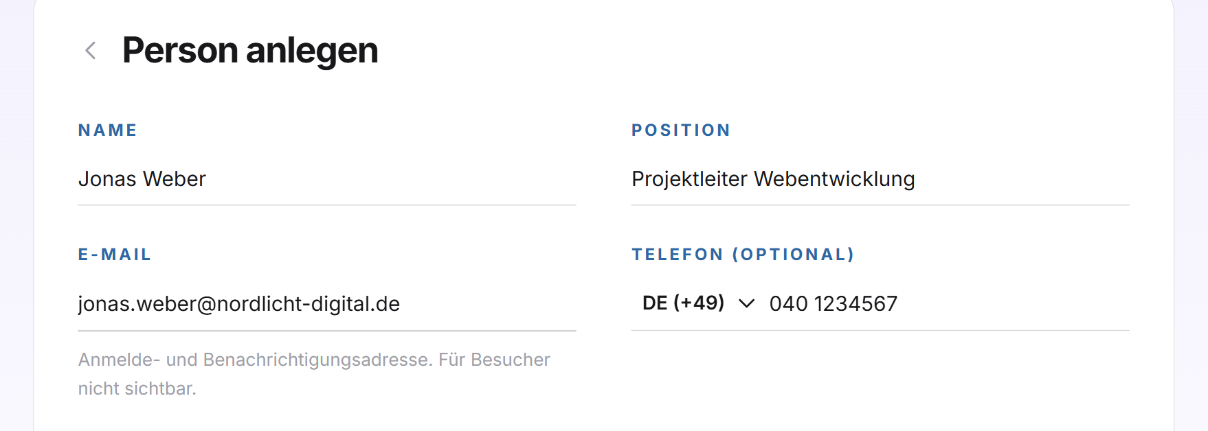 Das Formular Person anlegen mit den Feldern Name, Position, E-Mail und Telefon
