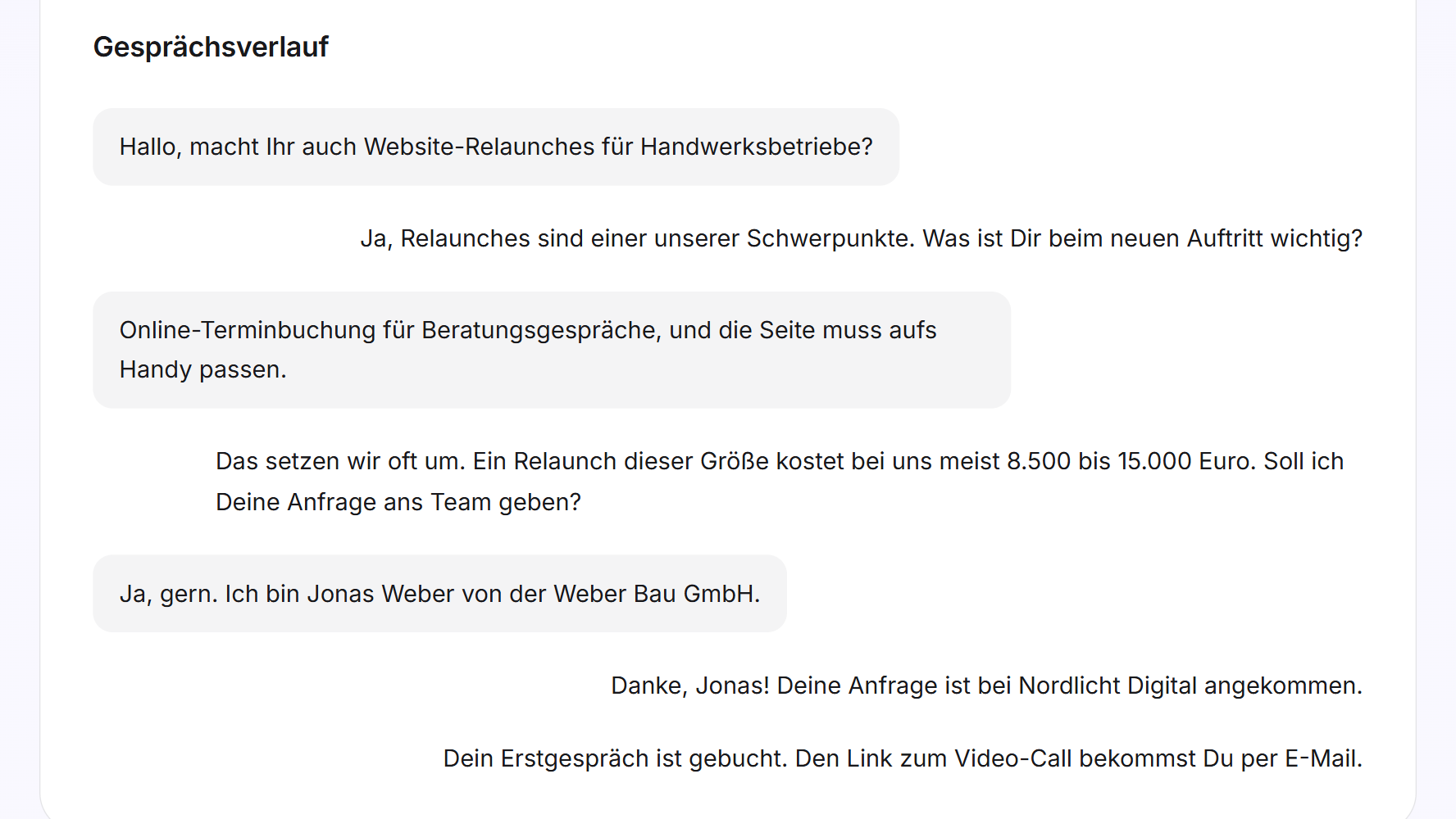 Der Gesprächsverlauf unter einer Anfrage mit den Nachrichten von Besucher und LeadWin-Agent