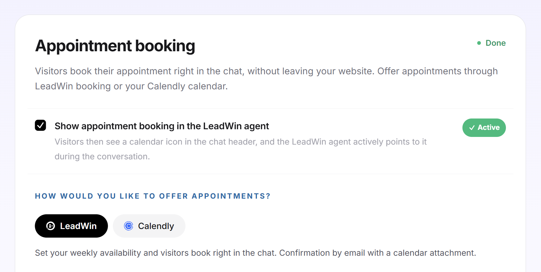 The Appointment booking card with the switch turned on and the two tiles LeadWin and Calendly