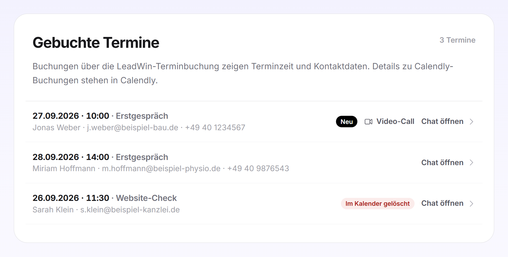 Die Karte Gebuchte Termine mit Hinweis, Zähler und drei Terminen