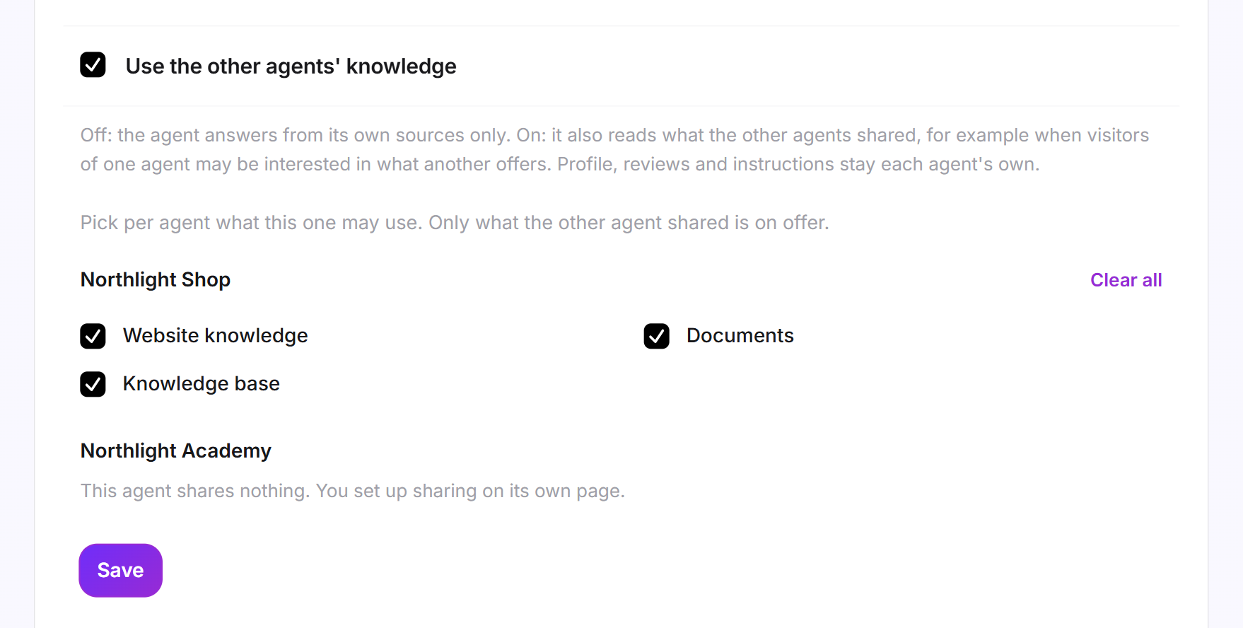 The switch Use the other agents' knowledge turned on, with the selection per agent
