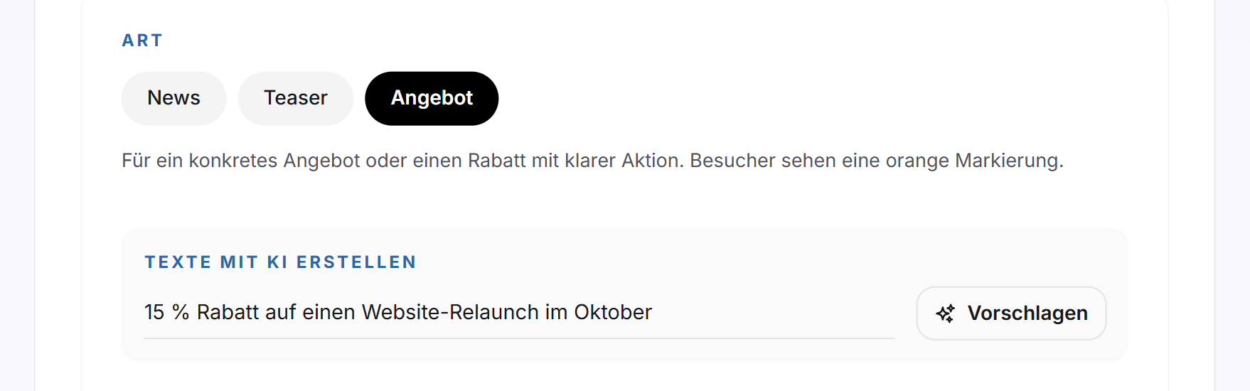 Der Kampagnen-Editor mit den Kacheln News, Teaser und Angebot und dem Feld Texte mit KI erstellen