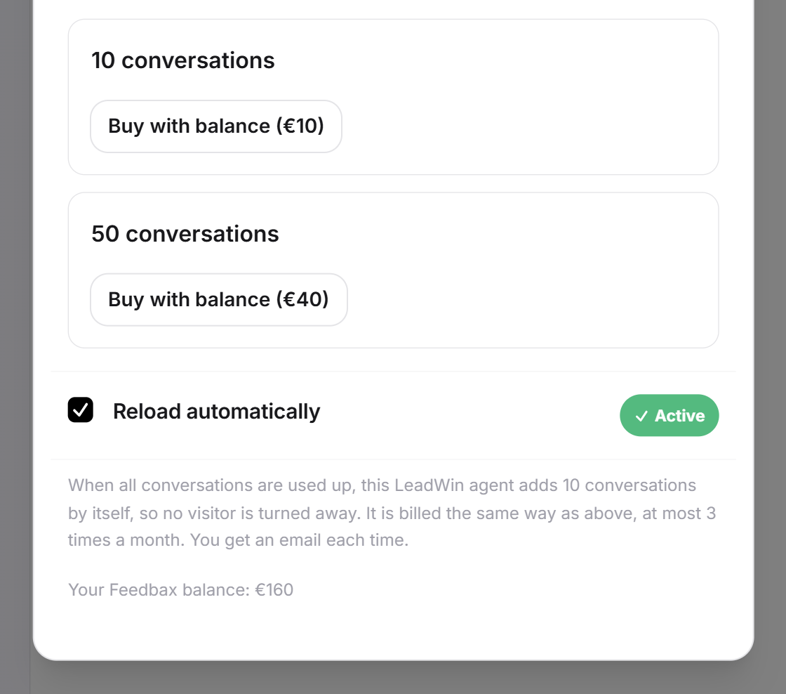 La boîte de dialogue Plus de conversations pour un prestataire Feedbax avec les boutons Acheter avec ton solde et le solde Feedbax actuel