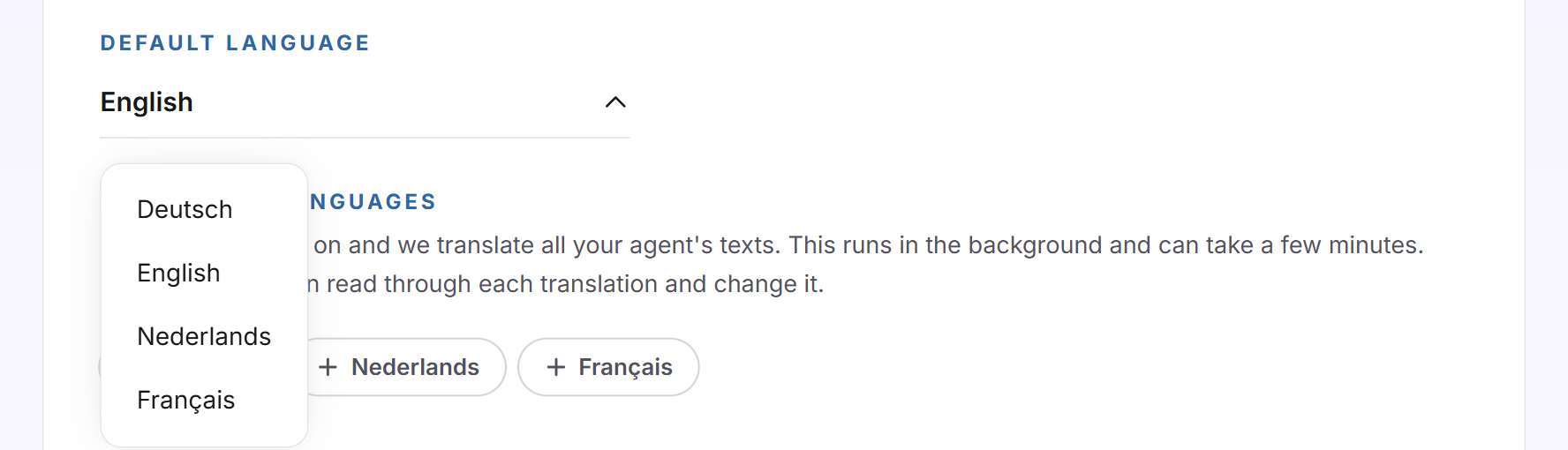The open Default language dropdown with Deutsch, English, Nederlands and Français
