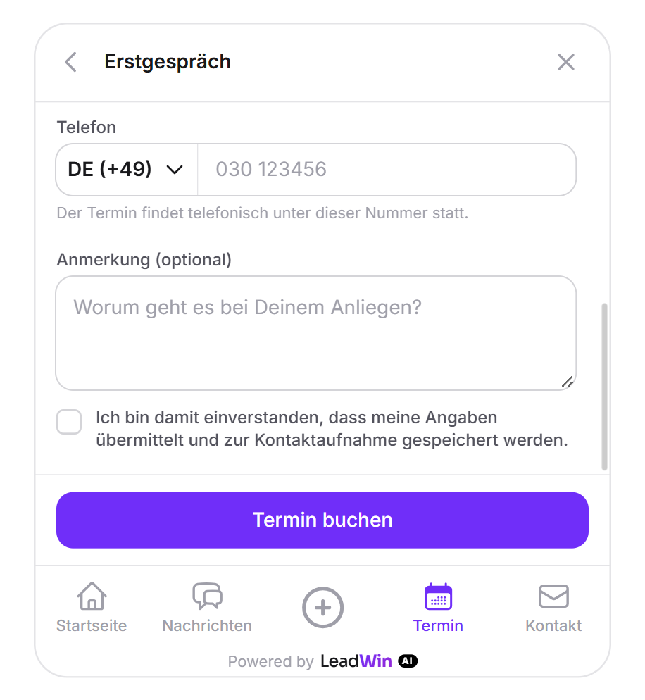 Der letzte Buchungsschritt Deine Daten mit Telefonfeld, Hinweis zum Anruf, Anmerkung, Einwilligung und der Schaltfläche Termin buchen