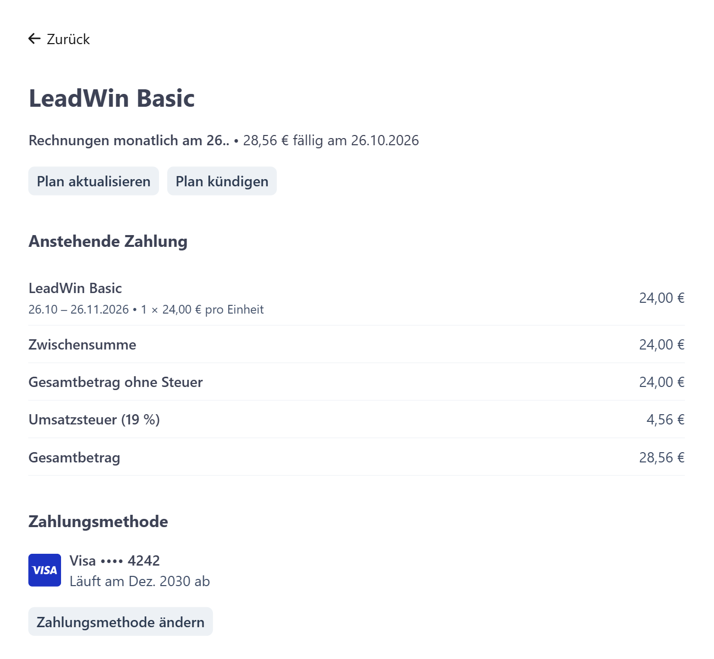 Die Seite des Abos im Kundenportal mit Plan aktualisieren, Plan kündigen, der anstehenden Zahlung und der Zahlungsmethode