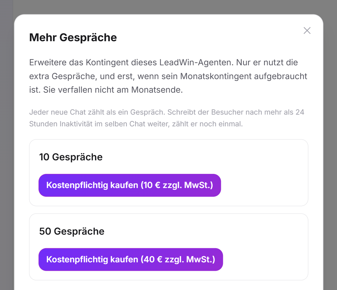 Der Dialog Mehr Gespräche mit Einleitung, Zählregel und den Paketen mit 10 und 50 Gesprächen, jeweils mit der Schaltfläche Kostenpflichtig kaufen