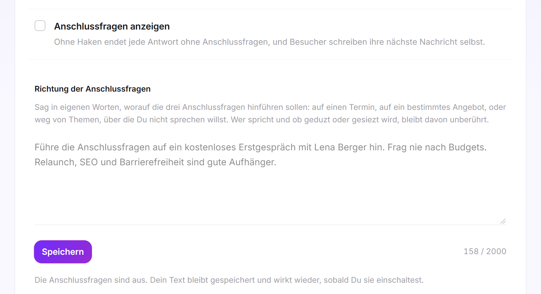 Die Karte Anschlussfragen ohne Haken, mit ausgegrautem Textfeld und dem Hinweis, dass die Anschlussfragen aus sind