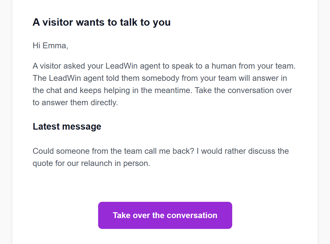The email A visitor wants to talk to you with the Take over the conversation button