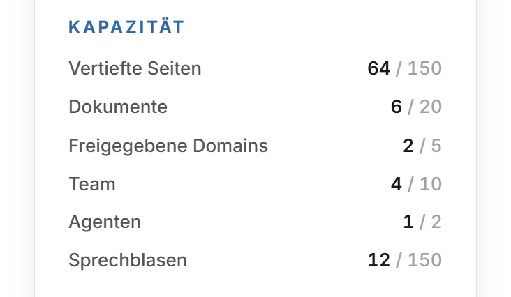 Der Block Kapazität im Menü Nutzung mit Vertieften Seiten, Dokumenten, freigegebenen Domains, Team und Agenten