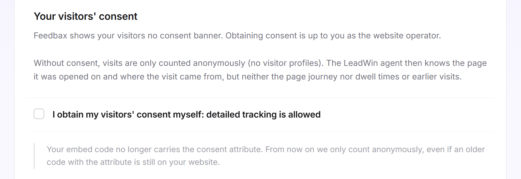 The Your visitors' consent card with the explanation, the unticked checkbox and the grey note on anonymous counting