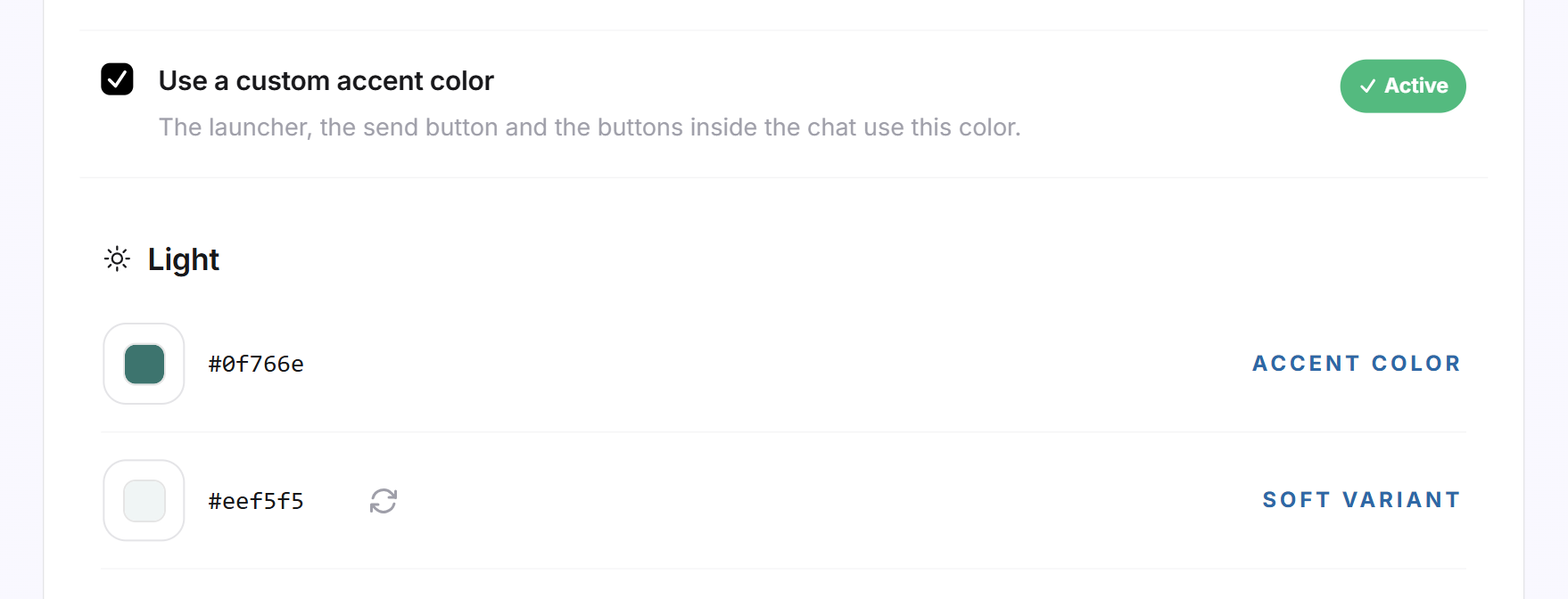 The Use a custom accent color box is ticked, below it the Light group with Accent color and Soft variant