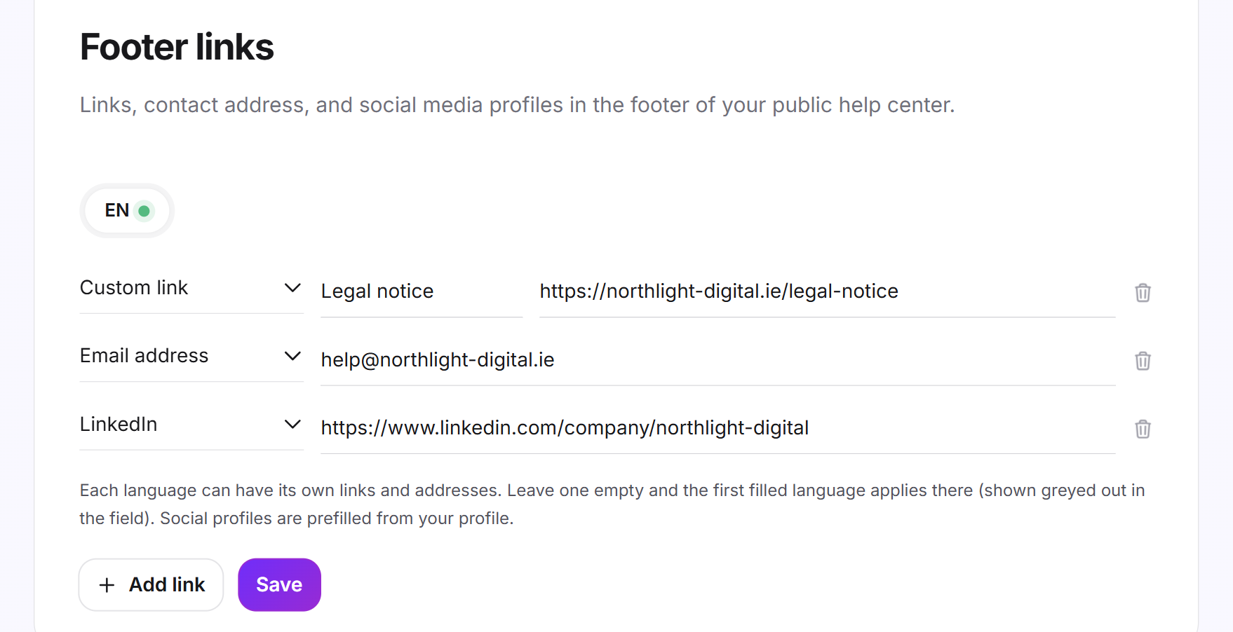 The Footer links tab with the language selection, three links and the note on how empty languages are filled