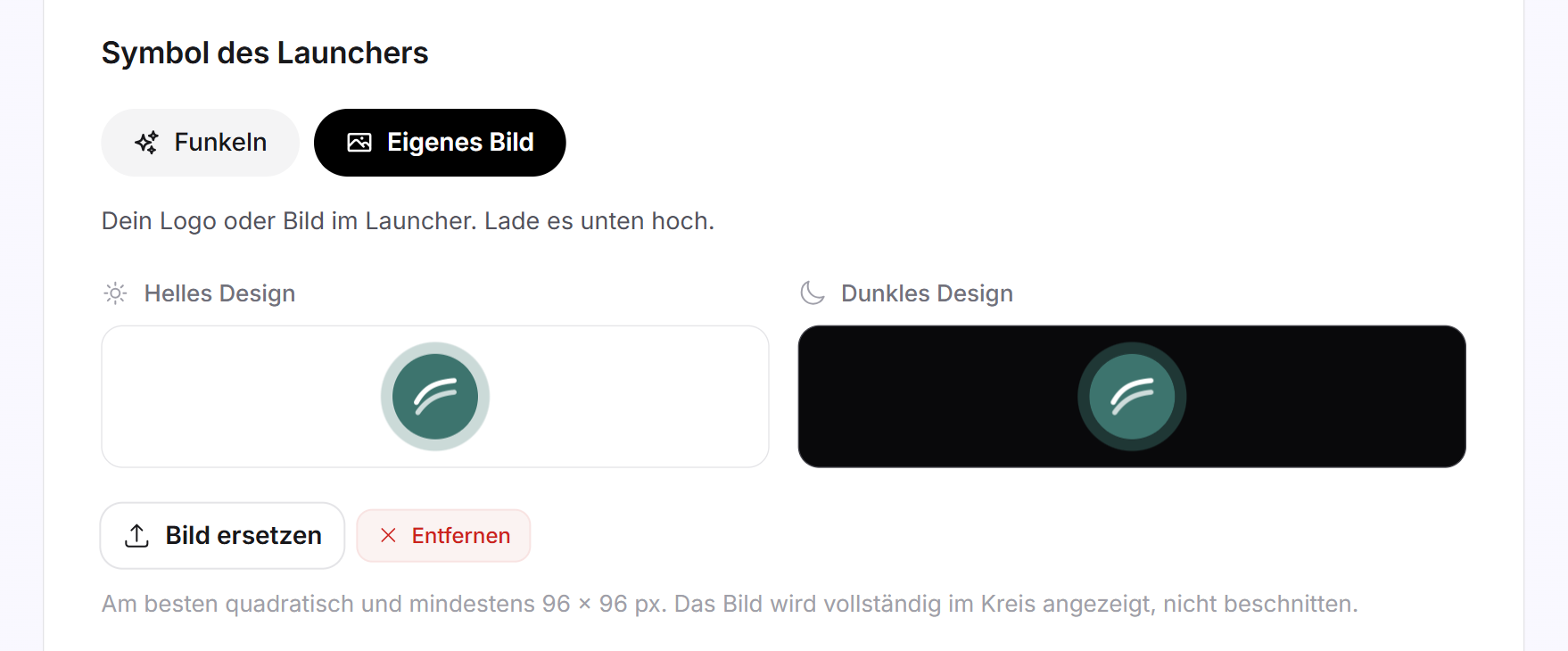 Der Block Symbol des Launchers mit der gewählten Kachel Eigenes Bild, zwei Vorschauen im hellen und dunklen Design und der Schaltfläche Bild ersetzen