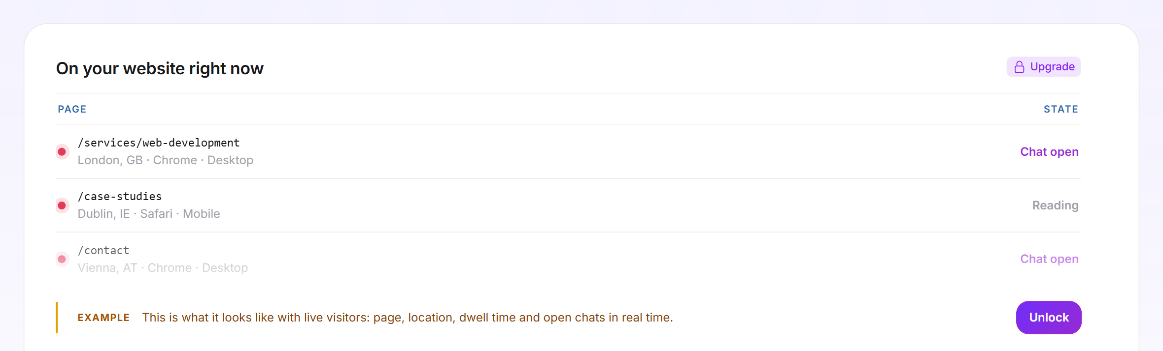 Sample rows of visitor intelligence marked Example, with the Unlock button