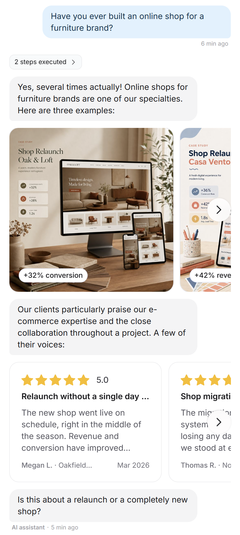 Un visitante pregunta por una tienda online para una marca de muebles. El agente de LeadWin muestra proyectos de referencia como tarjetas, entre ellos Oak & Loft con un 32 por ciento más de conversión, después reseñas de clientes con 5 estrellas como tarjetas, y pregunta si se trata de un relanzamiento o de una tienda nueva