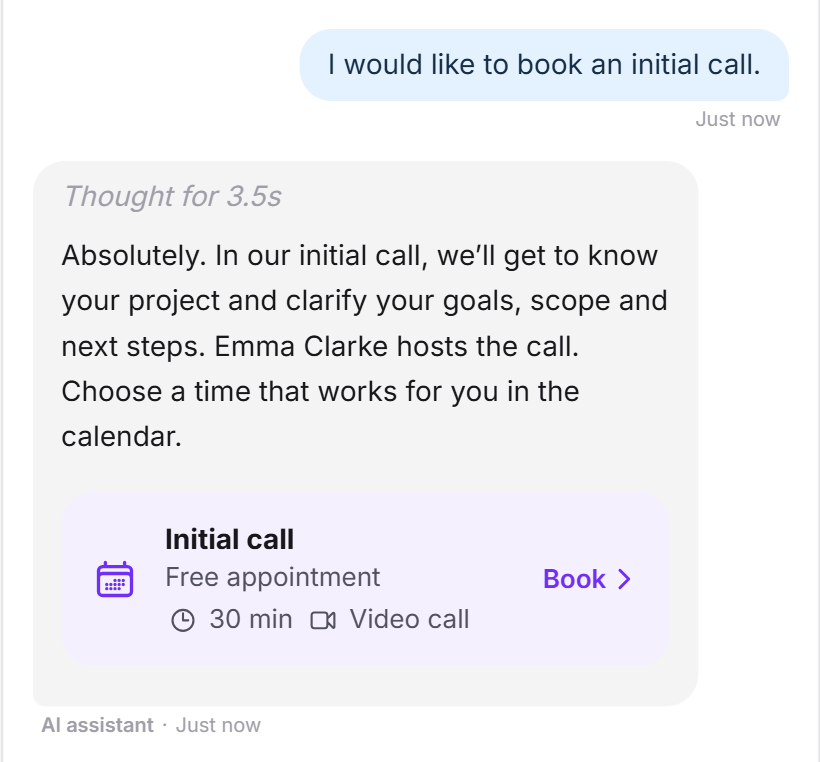 A visitor would like to book an initial call. The LeadWin agent offers a call with Emma Clarke and shows the event type Initial call, 30 minutes by video call, with the link Book
