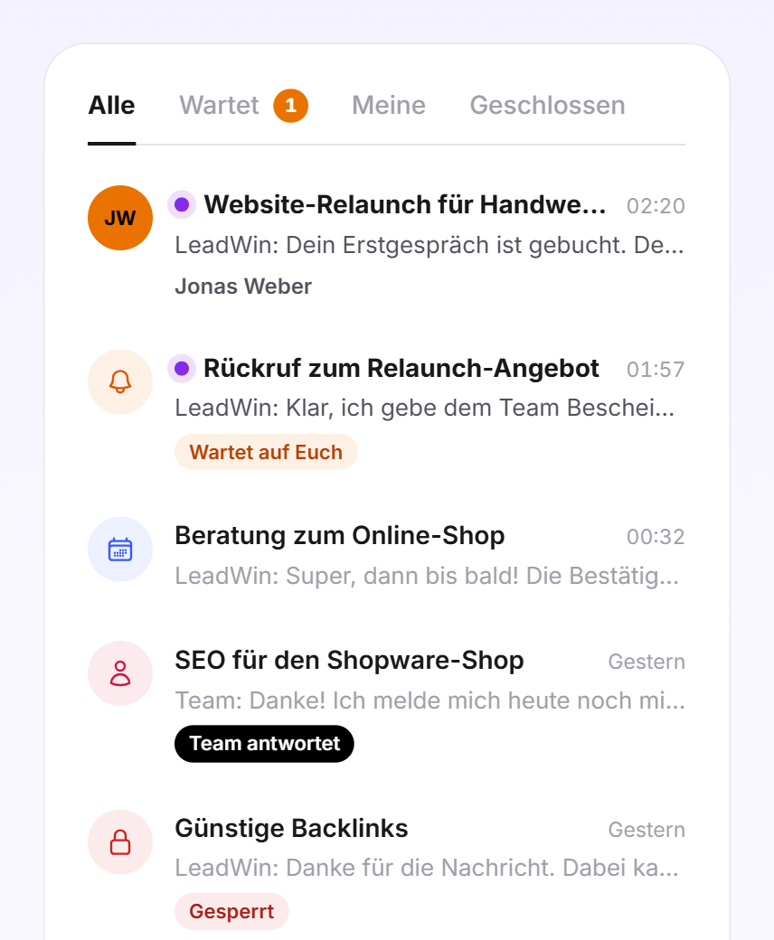 Die Gesprächsliste im Posteingang mit den Reitern Alle, Wartet, Meine und Geschlossen und fünf Gesprächen