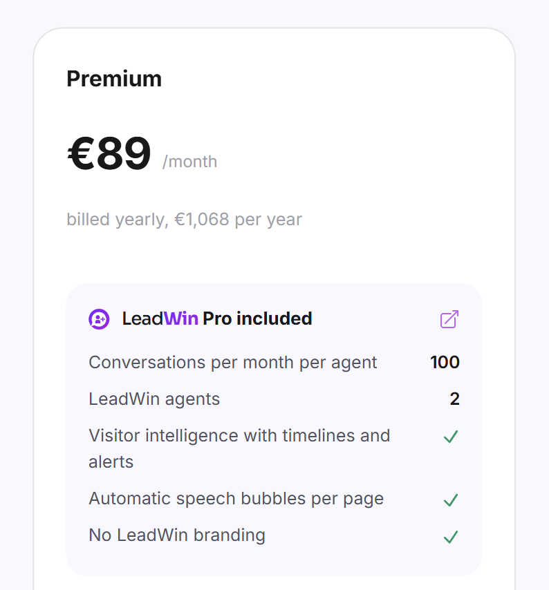 La carte de l'abonnement Feedbax Premium sur la page des tarifs LeadWin avec le prix et l'abonnement LeadWin Pro inclus