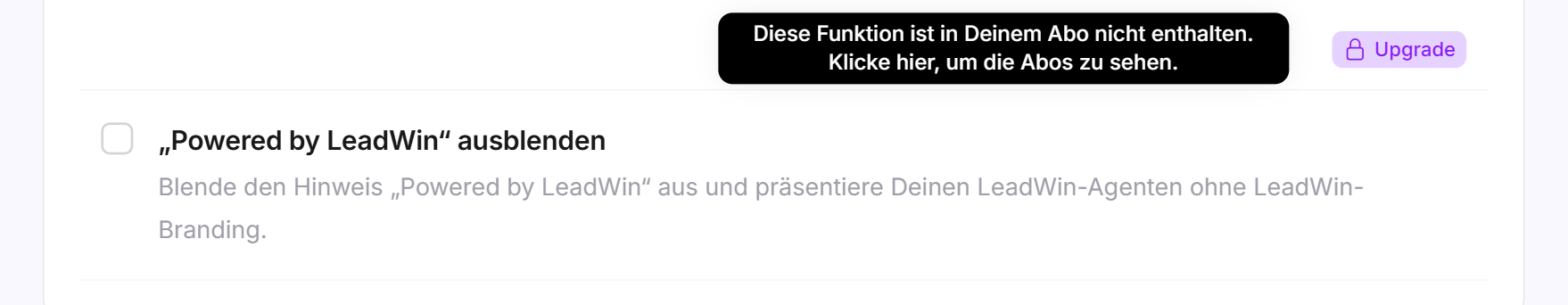 Eine Einstellung mit dem lila Kennzeichen Upgrade und dem geöffneten Hinweis, dass das Feature nicht im Abo enthalten ist