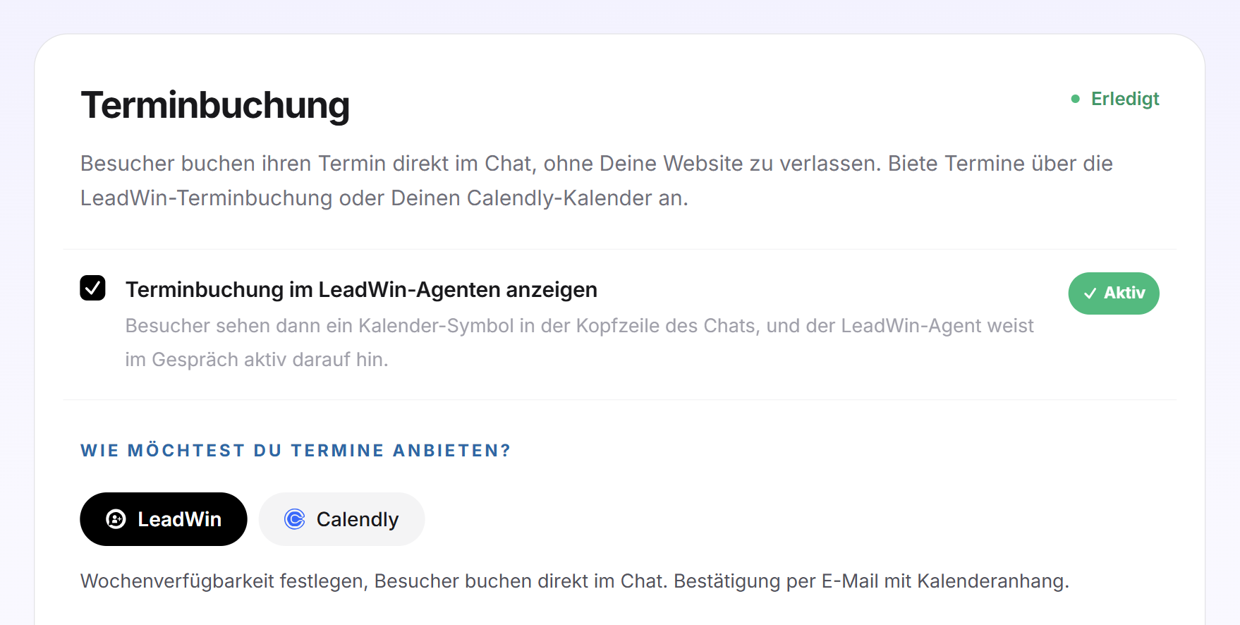 Die Karte Terminbuchung mit dem eingeschalteten Schalter und den beiden Kacheln LeadWin und Calendly