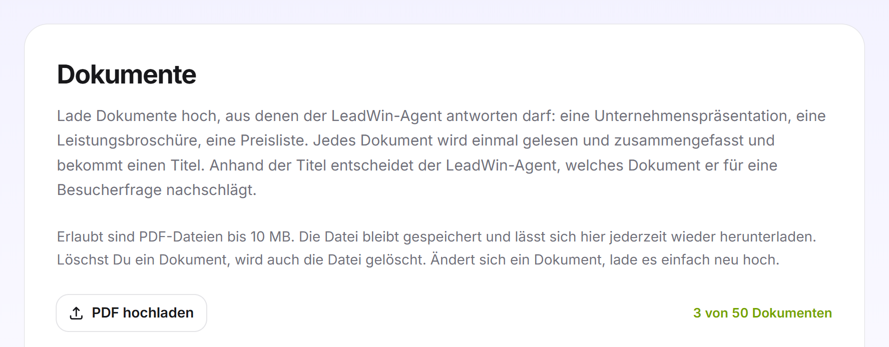 Die Karte Dokumente mit Einleitung, der Schaltfläche PDF hochladen und dem Zähler 3 von 50 Dokumenten