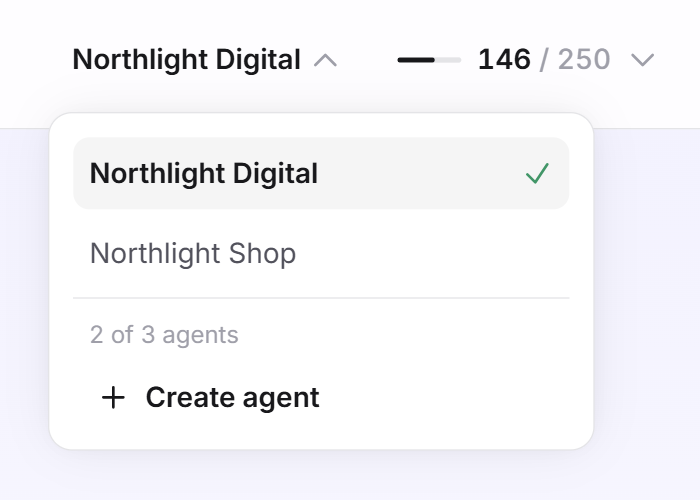 The open Switch agent menu with two agents, the counter 2 of 3 agents and the Create agent button