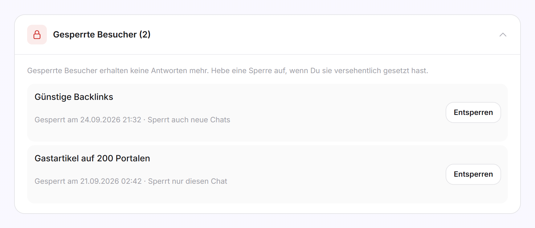 Der aufgeklappte Bereich Gesperrte Besucher mit zwei Sperren und der Schaltfläche Entsperren