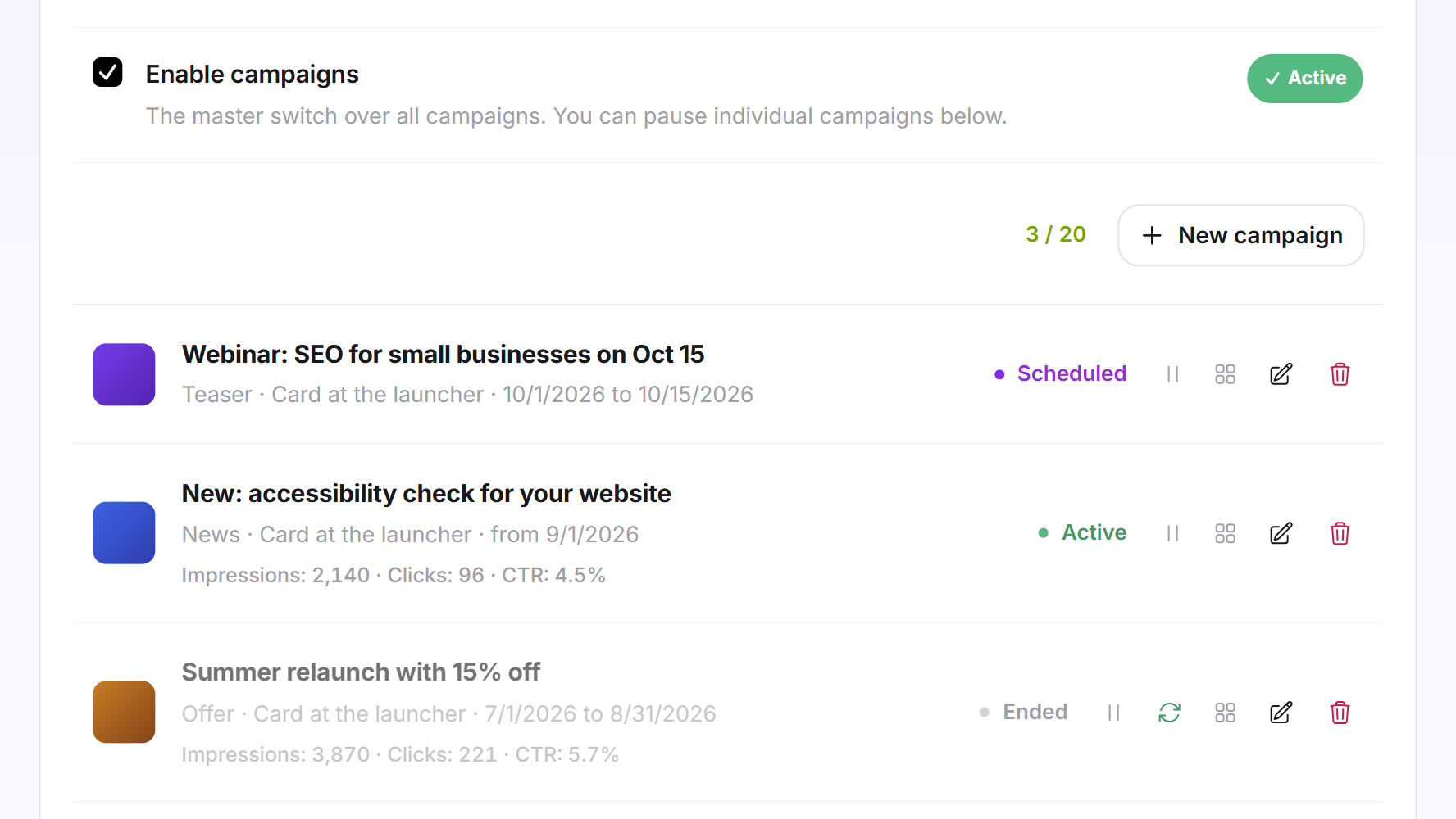 The campaign list with three campaigns in the status Scheduled, Active and Ended, the active and the ended one with impressions, clicks and CTR