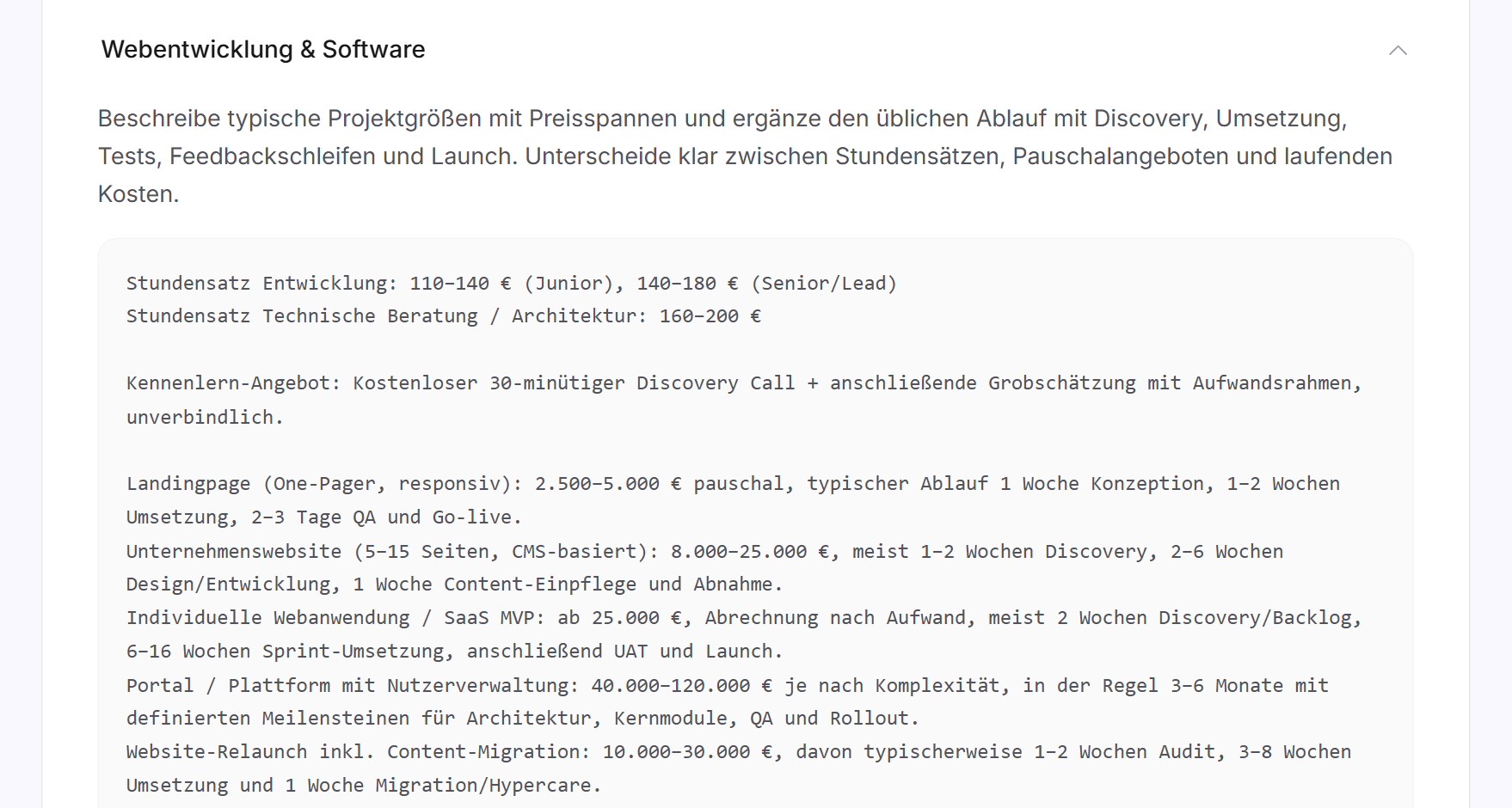 Das aufgeklappte Beispiel Webentwicklung und Software mit Hinweis und dem Anfang des Beispieltexts