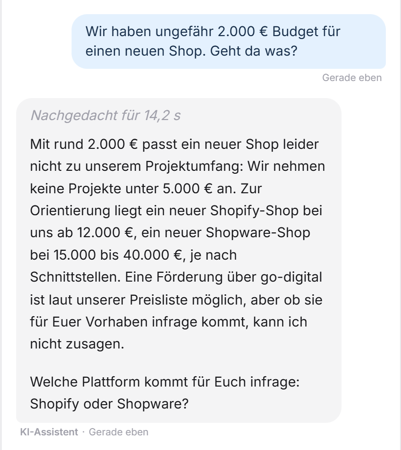 Ein Besucher fragt, ob mit rund 2.000 € ein neuer Shop möglich ist. Der LeadWin-Agent antwortet, dass keine Projekte unter 5.000 € angenommen werden, nennt Preise zur Orientierung und fragt nach der Plattform