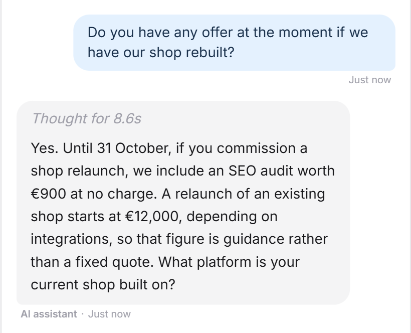 A visitor asks whether there is an offer for rebuilding their shop. The LeadWin agent names the offer until 31 October with a free SEO audit and asks which platform the shop runs on