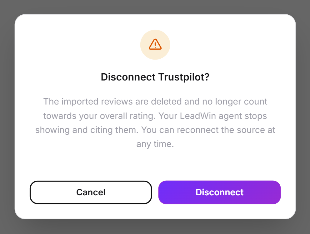 The dialog for disconnecting a platform with the Disconnect and Cancel buttons