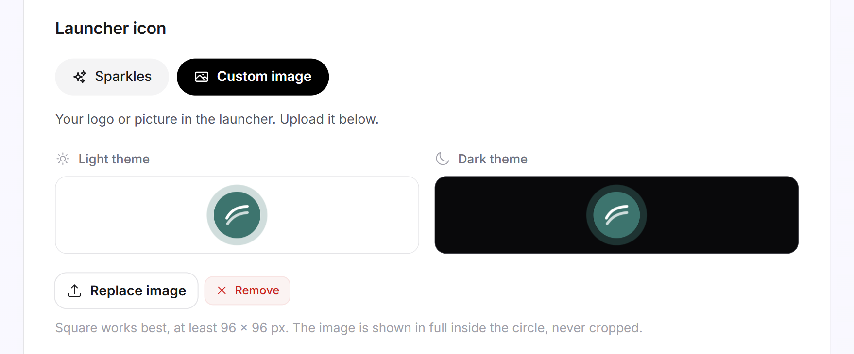 The Launcher icon block with the Custom image tile selected, two previews in the light and dark theme and the Replace image button